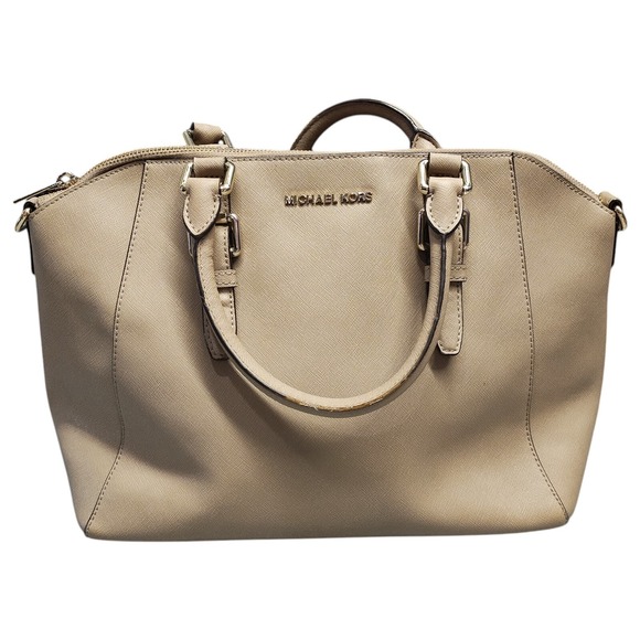 Michael Kors Satchel Crossbody Bag Womens Taupe Ciara Saffiano Double Handles - Picture 1 of 16